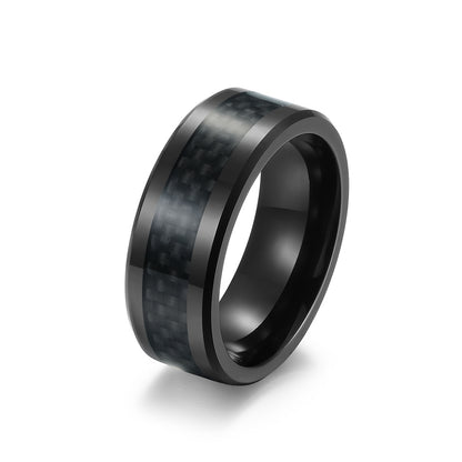 Schwarzer Wolframkarbid Ring mit Carbon-Einsatz - Reiner Schwarz Männerring - 8mm Kratzfester Ehering - Moderner Männerschmuck