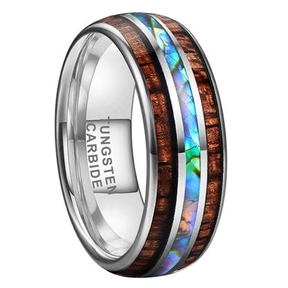 Natur-Inspirierter Wolframcarbid-Ring – Perlmutt & Edelholz in 8mm Breite