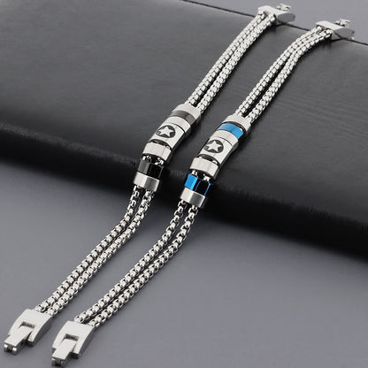 Stainless steel bracelet for men with maritime motifs - anchor, steering wheel, tree of life and stars in 2-layer design