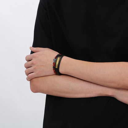 Vintage leather bracelet for men with titanium steel cross &amp; agate beads – multi-layer braided