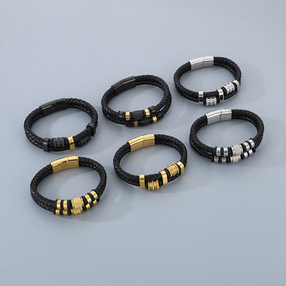 Multi-layered leather braided bracelet made of stainless steel – retro punk design with magnetic clasp