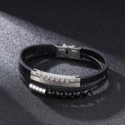 Multi-layer braided leather bracelet with stainless steel &amp; geometric beads – Handmade unique jewelry