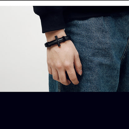 Men's braided leather bracelet with stainless steel cross – Robust men's bracelet
