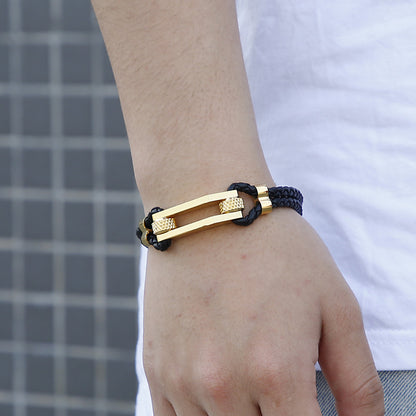 Stainless steel bracelet with double leather braid – titanium steel accents for urban style