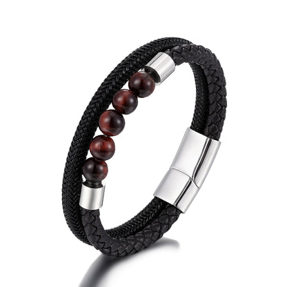 Minimalist leather bracelet with red tiger eye &amp; titanium – multi-row