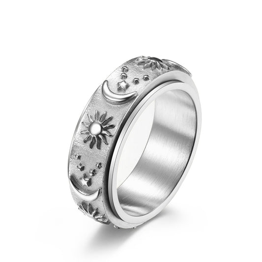 Star-Moon-Sun Titanium Ring | Rotatable Anti-Stress Ring - 316L Stainless Steel with Celestial Motif