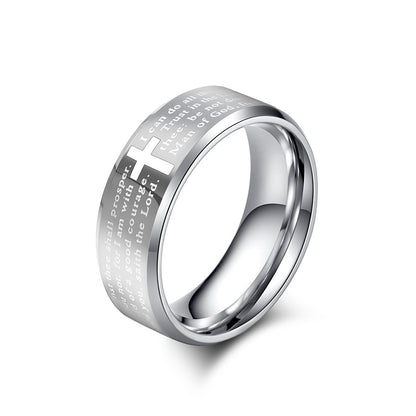 Wolframcarbid-Ring mit Laser-Gravur – Kreuz & Bibelzitat in modernem Design