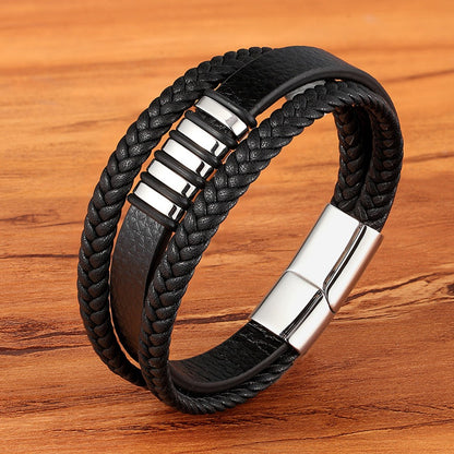 Multi-row leather bracelet with stainless steel - Handmade men's jewelry - Rustic unisex design