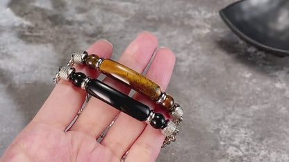 Stainless steel chain bracelet with tiger eye &amp; titanium – For men
