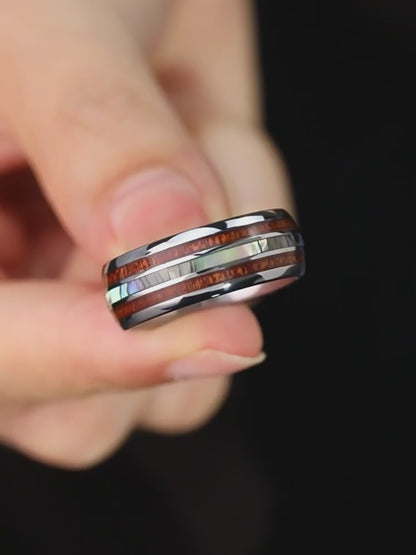 Natur-Inspirierter Wolframcarbid-Ring – Perlmutt & Edelholz in 8mm Breite