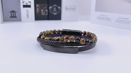 Braided leather bracelet with tiger eye for men – multi-layer design